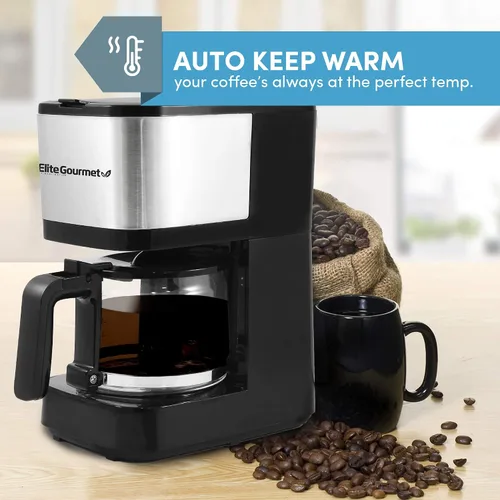 Vista 6 de Elite Gourmet EHC9420 Cafetera automática de 5 tazas para preparar café por goteo con filtro reutilizable, pausa y sirve, interruptor de Acero