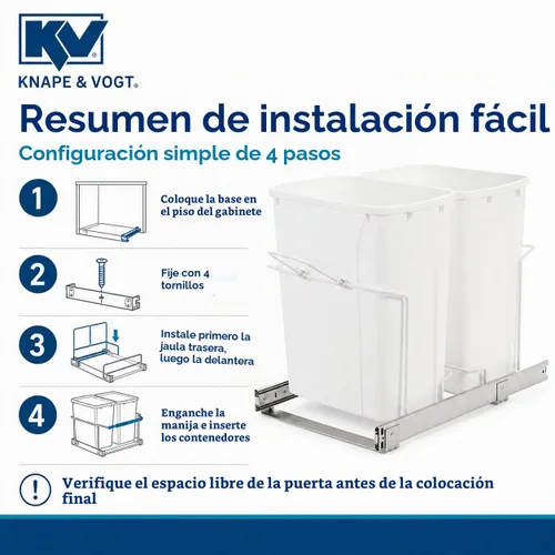 Vista 3 de Knape & Vogt Bote de basura extraíble de montaje inferior para gabinete Blanco - Tipo de deslizamiento de rodamiento de bolas