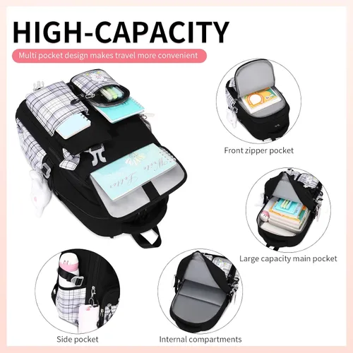 Vista 3 de Linda mochila para niñas, mochila escolar para niñas, mochila para niños y escuela primaria, Negro -, Grande, Mochila para niñas