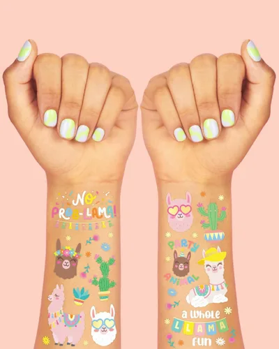 Vista 3 de xo, Fetti Tatuajes temporales de llama – 46 diseños metálicos Decoraciones de fiesta de cumpleaños de animales, recuerdos de fiesta del desierto