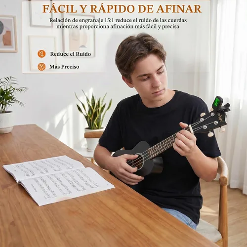Vista 4 de Kit de ukelele soprano para principiantes de 21 pulgadas con correa de sintonizador de bolsa de concierto en línea gratuita, rápido de aprender Negro