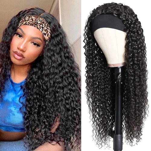 Vista 48 de Peluca de cabello humano con diadema de ondas profundas, sin pegamento, pelucas de cabello rizado sin encaje frontal, pelucas de cabello humano