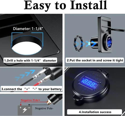 Vista 7 de PD - Cargador rápido USB C de 45 W de 18 W, enchufe de cargador USB 3.0 impermeable con interruptor, voltímetro LED y fusible de cable, kit