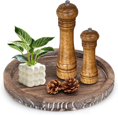 Vista 14 de Bandeja decorativa redonda para mesa de café, mesa de comedor, encimera, pequeñas bandejas de servir de madera, decoración de cocina de granja