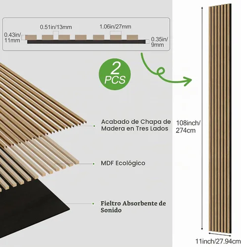 Vista 3 de Paquete de 2 paneles de madera para pared, paneles acústicos de listones de madera de 108 x 11 pulgadas, paneles acústicos para decoración