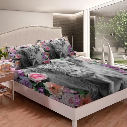 Vista 3 de Erosebridal Highland Cow - Juego de sábanas de tamaño individual con diseño de rosas para niños, niñas, adolescentes, adultos, animales salvajes