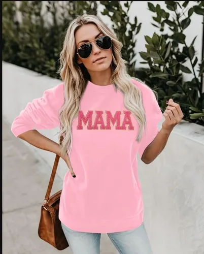 Vista 2 de SUPEYA Sudadera para mujer con parche de purpurina para mamá, camiseta con estampado de letras de mamá, manga larga, holgada, a la moda