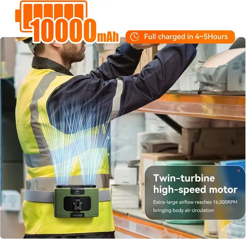 Vista 5 de Astaowl Ventilador Personal de Cintura de 10000mAh, Recargable por USB se Engancha a la Cintura Para Trabajar, 10 Velocidades y 40H de Enfriamiento