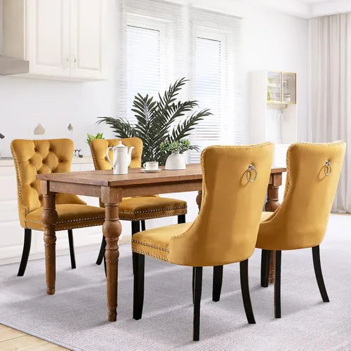 Vista 174 de SoarFlash Juego de 2 sillas de comedor de terciopelo, silla lateral de respaldo alto, silla lateral moderna tapizada de alta gama con botones Beige
