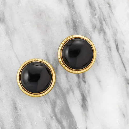 Vista 3 de Ross-Simons - Aretes de ónix negro de 0.472in en oro amarillo de 14 quilates