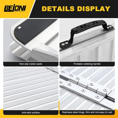 Vista 5 de BEJONI Rampa de silla de ruedas portátil plegable plateada de 3 pies, rampa de umbral de aluminio antideslizante para escalones y puertas del hogar
