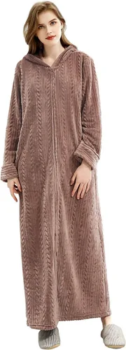 Vista 2 de Hellomamma Bata de baño larga con capucha y cremallera para mujer, bata de franela de forro polar, abrigo de invierno cálido para el hogar, camisón