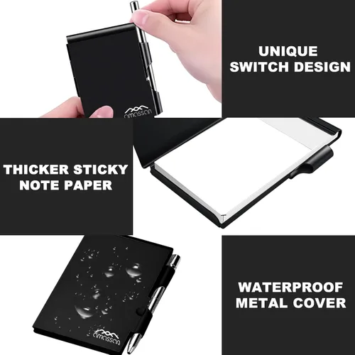 Vista 6 de Cuaderno pequeño de metal, mini bloc de notas, bloc de notas de bolsillo pequeño, estuche de aluminio con mini bolígrafo de metal y hojas de 60