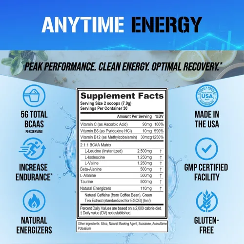 Vista 5 de EVL BCAA - Polvo de aminoácidos BCAA rehidratante, bebida de recuperación después del entrenamiento con cafeína natural, BCAA Energy Polvo