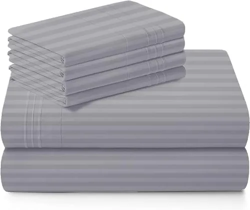 Vista 5 de Sábanas de cama tamaño Queen – 21 pulgadas de profundidad – Juego de 4 sábanas 100% algodón egipcio, rayas plateadas, de lujo, súper suavidad