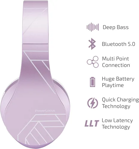 Vista 4 de PowerLocus Auriculares Bluetooth sobre la oreja, auriculares inalámbricos con micrófono, auriculares plegables, orejeras de espuma viscoelástica