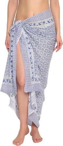 Vista 29 de parihan Traje de Baño Pareo de Playa Sarong Cubiertas para Mujeres - Falda Envolvente con Estampado a Mano Zafiro azul
