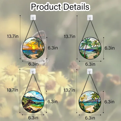 Vista 6 de DASTOLL Conjunto de 4 Piezas de Vidriera Manchada para Colgar en Ventanas Azul Océano con Árbol de Coco 16 cm - Atrapasoles para Puerta, Jardín