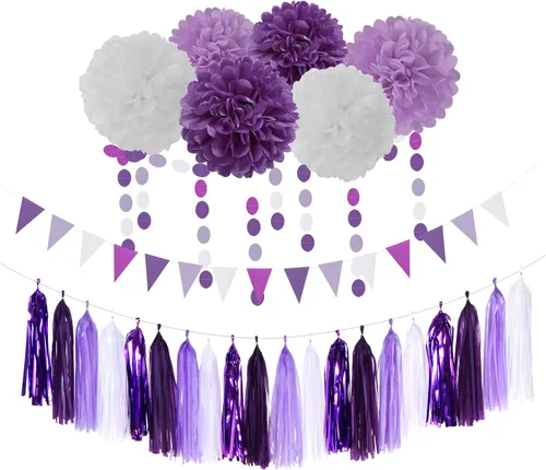 Vista 17 de Decoraciones de Fiesta de Halloween Negro-Morado Naranja Verde - 30 piezas Pompones de Papel Tissue, Serpentinas, Guirnalda de Borlas, Pancarta