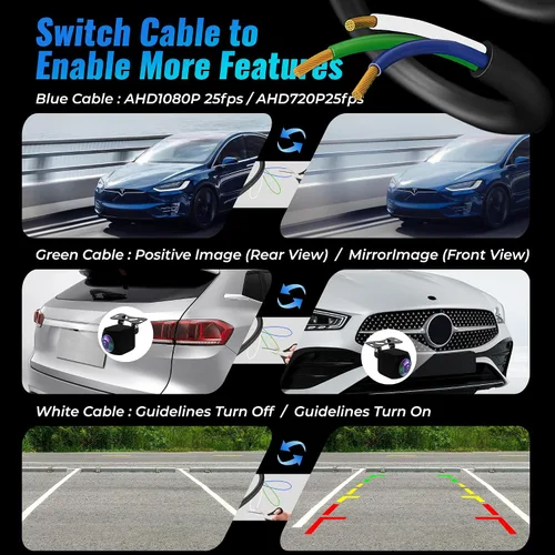Vista 7 de AHD 1080P Cámara de respaldo de vehículo para automóvil, cámaras de visión trasera inversa giratoria de 360°, visión nocturna, IP69K, impermeable