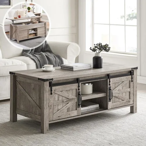 Vista 9 de OKD - Mesa de centro de granja de 48" con puerta de granero deslizante, mesa rústica con compartimento de almacenamiento oculto, superficie superior