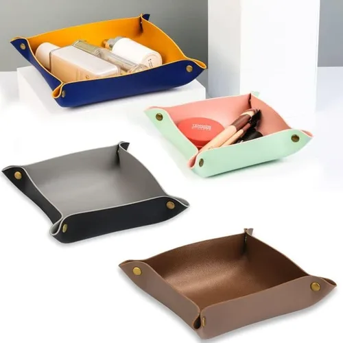 Vista 5 de Sutfmwe Bandeja de cuero para joyas, elegante bandeja organizadora de viaje plegable para mujeres y hombres, bandeja de cuero para cartera, bandeja