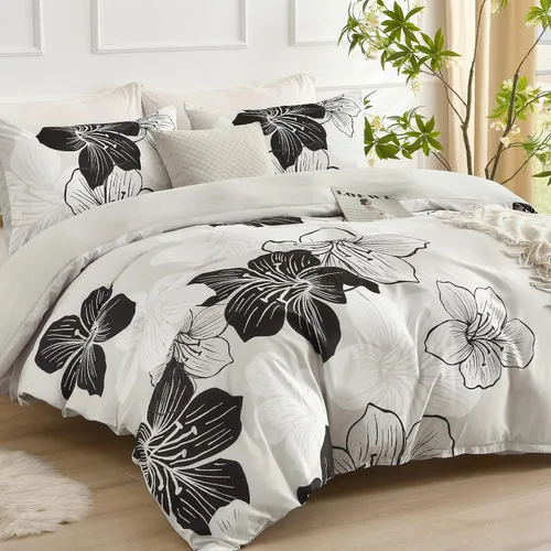 Vista 2 de DJY - Juego de funda de edredón de 3 piezas, tamaño queen, negro y blanco con patrón floral, elegante funda de edredón boho floral con 2 fundas