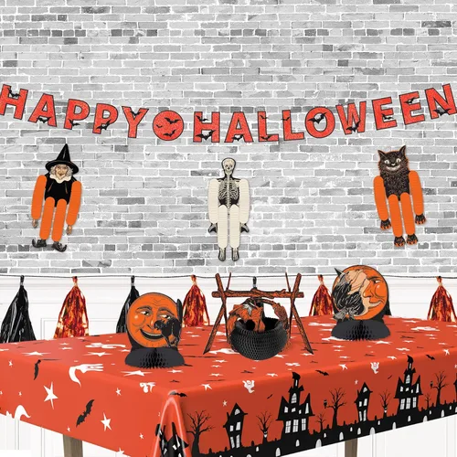 Vista 4 de Beistle Mantel de casa embrujada, 54 x 108 pulgadas, 2 piezas, mantel de plástico, mantel rectangular, mantel de Halloween, mantel de vacaciones