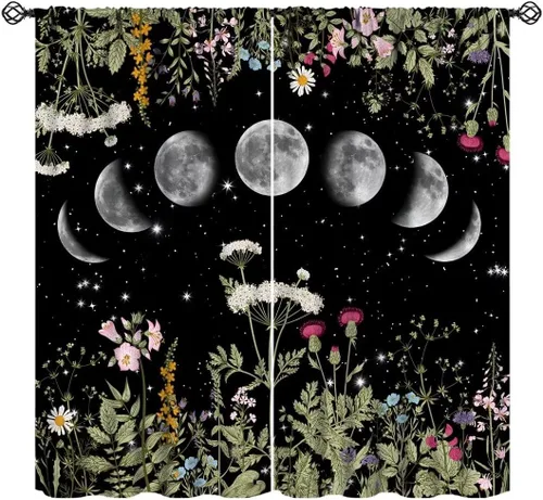 Vista 15 de Cortinas retro de luna, bosque mágico con hojas iluminadas por la luna, cortinas de plantas, diseño gótico floral de cielo estrellado para ventana