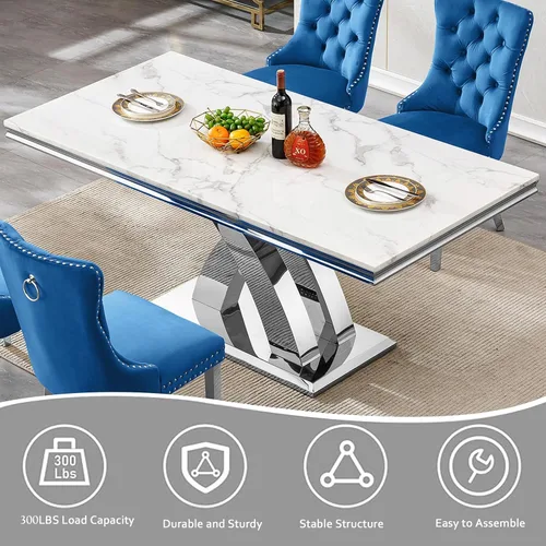 Vista 6 de Juego de mesa de comedor de mármol sintético blanco plateado de 68 pulgadas para 4, juego de mesa rectangular de 5 piezas con patas de acero Mesa