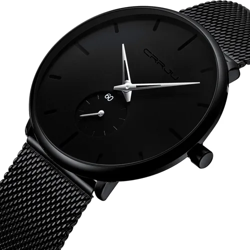 Vista 2 de CRRJU Reloj de pulsera analógico de cuarzo para hombre, esfera negra con correa de malla
