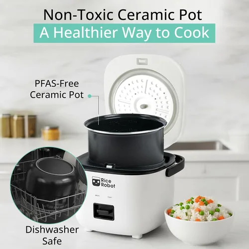 Vista 2 de Rice Robot - Arrocera personal, sin PFAS, antiadherente. Capacidad de 1 cuarto, con bandeja de vapor de acero inoxidable, tazas medidoras, libro