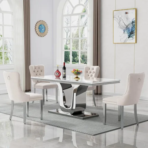 Vista 17 de SSLine Mesa de comedor moderna para mesa de cocina de mármol sintético de 6,70 pulgadas, mesa de comedor rectangular para muebles de cocina