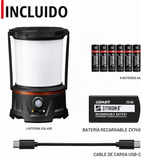 Vista 8 de Coast EAL40R Linterna de camping de emergencia recargable de 2500 lúmenes con modo intermitente rojo, mosquetón, difusor, mango plegable, modo bajo