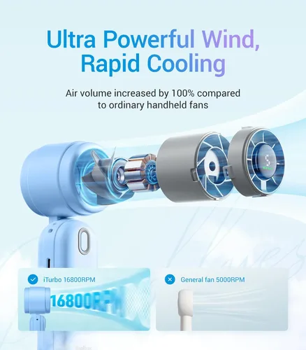 Vista 2 de Diveblues Ventilador turbo de mano portátil de alta velocidad, alimentado por batería recargable USB, pequeño ventilador de bolsillo portátil