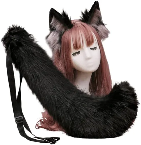 Vista 4 de Angela0123 - Juego de diadema de orejas de lobo de piel sintética y cola larga de Anmimal peludo fiesta de Halloween anime Lolita disfraz de cosplay