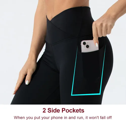 Vista 4 de THE GYM PEOPLE Leggings capri de entrenamiento con cintura cruzada en V para mujer, con control de abdomen, pantalones de yoga con bolsillos