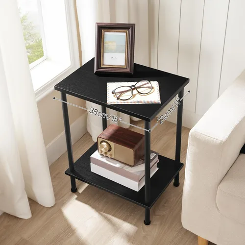 Vista 4 de HOOBRO Mesa auxiliar, mesa auxiliar pequeña, mesita de noche con estantes de almacenamiento de 2 capas, mesa de sofá para espacios pequeños, sala