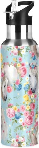 Vista 13 de Flower Horse - Botella de agua de acero inoxidable con aislamiento al vacío, botella de boca estándar con asa ancha