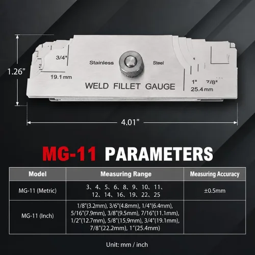 Vista 2 de Medidor de soldadura de filete de acero inoxidable calibre Rl calibre 1/8 ''-1 '' prueba de inspección de soldadura Unlar métrica y pulgada Precisa