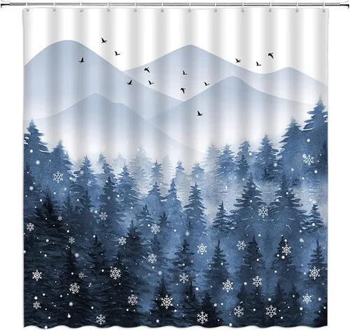 Vista 2 de Cortina de ducha de bosque brumoso, pino, copo de nieve, acuarela, abstracto, niebla, montaña, planta azul, rústico, misterioso, naturaleza