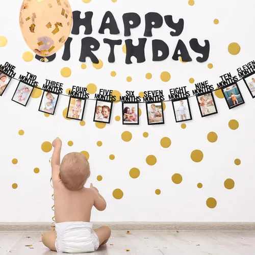 Vista 4 de Whaline Cartel de fotos de bebé de primer cumpleaños para recién nacidos a 12 meses, guirnalda de fotos de hitos mensuales, decoración de Negro