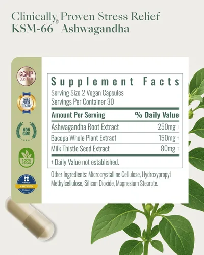 Vista 3 de Suplementos de Ashwagandha para mujeres y hombres - KSM-66 con bacopa y cardo mariano, 60 cápsulas veganas - Alivio del estrés, estado de ánimo