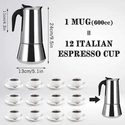 Vista 9 de Estufa de acero inoxidable Moka Pot Espresso Maker Percolator 12 tazas 20.3 fl oz portátil italiano Greca Cafetera cubana para gran familia, hogar