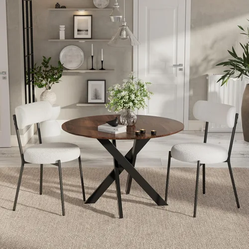 Vista 44 de Moderno juego de mesa de comedor redonda de 3 piezas, mesa de MDF circular negra y 2 sillas de comedor negras Boucle, muebles de cocina con marco