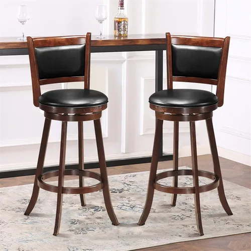 Vista 5 de Taburetes de bar altos de 29 pulgadas con respaldo y cojín de PVC, silla de comedor de madera, asiento tapizado, silla retro para sala de estar