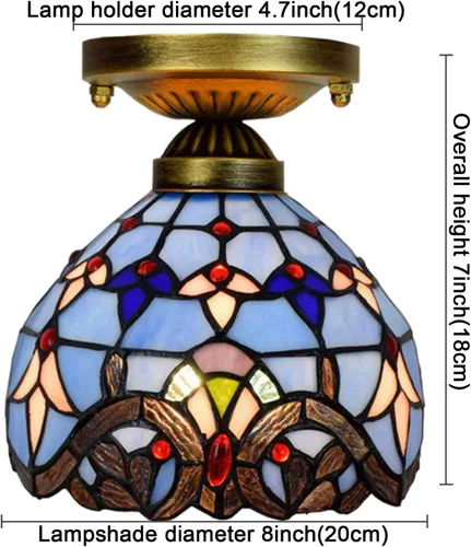 Vista 7 de Tiffany - Lámpara de techo estilo vitral, mini lámpara de techo, 1 luz, montaje empotrado de 8 pulgadas para hotel, pasillo, balcón, cocina Azul