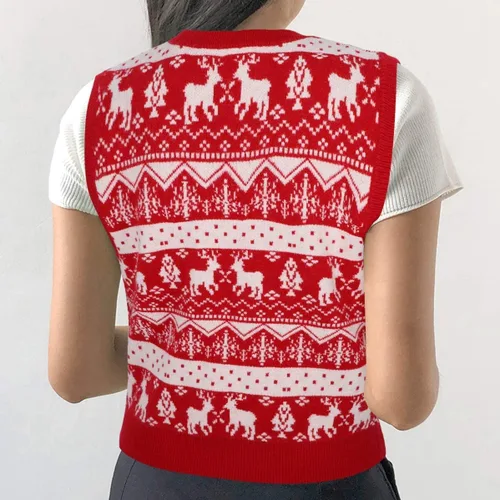 Vista 4 de JULYCLO Chalecos de Navidad para mujer, suéter feo de Navidad, de punto con reno, informal, sin mangas, sin mangas
