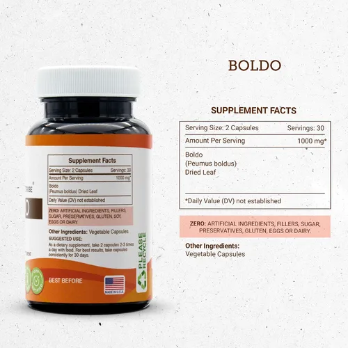 Vista 3 de Boldo 60 Cápsulas, 1000 mg, Boldo (Peumus boldus) Hoja Seca (60 Cápsulas)
