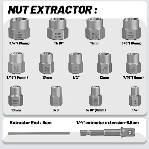 Vista 6 de Juego de 15 extractores de pernos, juego de extractor de pernos Easy Out de 3/8'', juego removedor de pernos dañados y extractor de tuercas